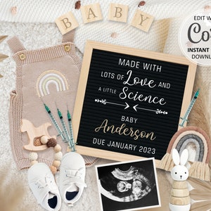 Anuncio de embarazo de FIV, anuncio digital de bebé arcoíris para redes sociales, tarjeta editable de fertilidad bohemia para bebé, hecha con amor y ciencia n.° 231