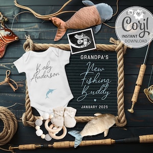 New Fishing Buddy Pregnancy Announcement Digital, Grandpa&#39;s Day Pregnancy Announce, Grandparents Grandbaby Reveal Social, Fishing Baby #1398