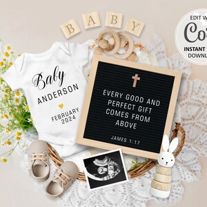 Carte numérique chrétienne d'annonce de grossesse, date d'échéance religieuse de révélation de bébé arc-en-ciel, annonce modifiable de tableau à lettres pour les médias sociaux #741