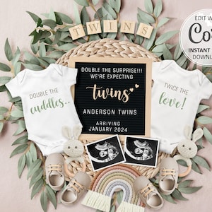 Twin Pregnancy announcement Digital Rainbow Baby Reveal, Double surprise twins Editable Social Media post template, gender neutral #556
