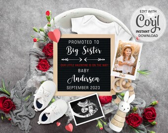 Big Sister Valentines Pregnancy Announcement digital, second Baby announcement editable for social media, February birth announce #452