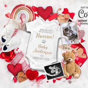 Faire-part bébé chat numérique Grossesse Saint Valentin Faire-part bébé modifiable Date d'accouchement prévue, papa et maman nous offrent un humain n° 152