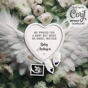 Anuncio de embarazo angelical, anuncio de pérdida de bebé, anuncio de aborto espontáneo con alas de ángel, plantilla digital de pérdida de embarazo arcoíris celestial n.° 890