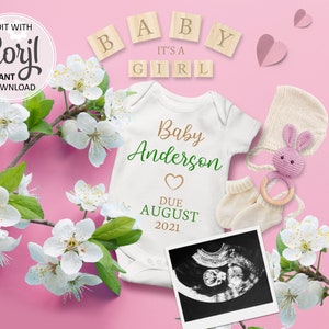 C'est une carte de réseau social révélant le sexe d'un bébé fille, faire-part de grossesse Facebook Instagram, faire-part de naissance personnalisé modifiable pour le printemps #010