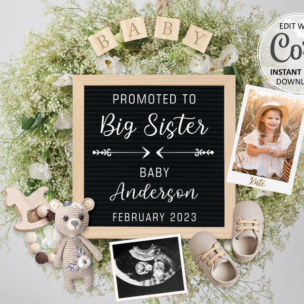 Big Sister Pregnancy Announcement digital, Baby announcement editable for social media, gender neutral birth reveal announce #420
