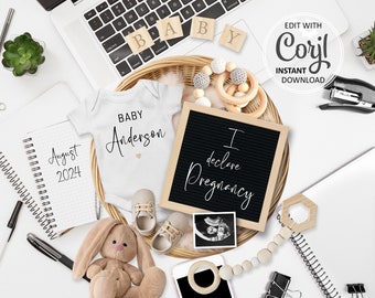 office Pregnancy announcement Digital, office Baby reveal Social Media, Gender Neutral Baby Announce editable template, I Pregnancy  #1050