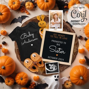Big Sister Pregnancy Announcement digital, second Baby announcement Halloween editable social media post, gender neutral birth reveal #1265