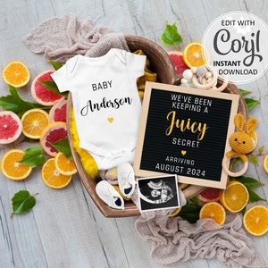 Juicy Secret Pregnancy Announcement Digital Cutie Baby Reveal Social Media template, Orange Clementine Gender Neutral Baby Announce #1038