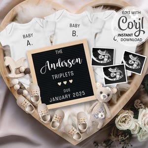 Faire-part de grossesse numérique arc-en-ciel TRIPLE date d'accouchement, triplés bébé pour les médias sociaux, faire-part personnalisé de trois bébés # 1452