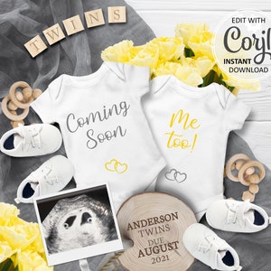 Annonce numérique de bébé jumeau pour les médias sociaux. Carte d'annonce de grossesse modifiable pour Instagram Facebook. Date d'accouchement prévue pour le bébé jumeaux #001