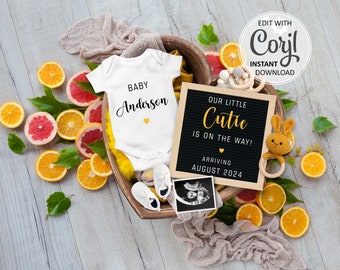 Cyfrowe ogłoszenie o ciąży Cutie – szablon do mediów społecznościowych, ogłoszenie o dziecku w kolorze pomarańczowej klementynki, neutralne płciowo ogłoszenie o dziecku, Juicy Secret #1037