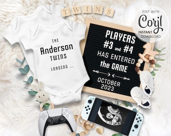 Anuncio de embarazo de gamer digital, revelación de gemelos de videojuegos fecha de parto editable Anuncio de bebé Instagram jugador 3 ingresó, papá gamer mamá #304
