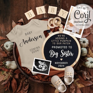 Halloween Second Pregnancy Announcement digital, Pumpkins Baby announcement editable for social media, Big Sister Fall birth announce #794