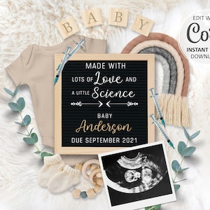 Faire-part de grossesse FIV pour les réseaux sociaux, faire-part de grossesse numérique, carte modifiable bébé arc-en-ciel faite avec amour et science #030