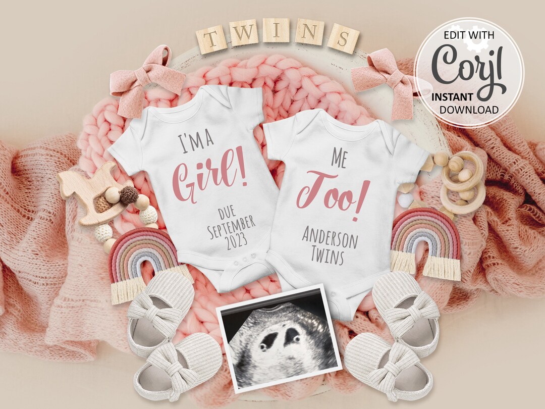 Rainbow Girls Twin Announcement Digital Pregnancy It's a GIRL Gender ...