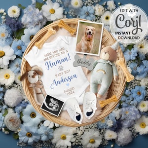 Anuncio de embarazo de perro Anuncio digital de bebé niño, es un niño Plantilla social de revelación de género, mamá y papá me van a conseguir un humano # 1017