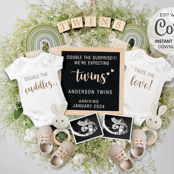 Twin Pregnancy announcement Digital Rainbow Baby Reveal, Double surprise twins Editable Social Media post template, gender neutral #597