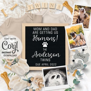 Carte numérique modifiable d'annonce de grossesse de jumeaux de chien, date d'échéance de révélation de bébé d'animal de compagnie pour les médias sociaux, maman et papa nous donnent des humains # 044