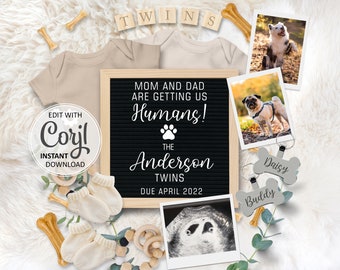 Editable DOG Twins Pregnancy Announcement  Digital card, pet Baby Reveal due date for Social Media, Mum & Dad are getting us Humans #044