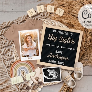 Big Sister Pregnancy Announcement digital, second Baby announcement editable for social media, Sibling Gender Neutral birth announce #434