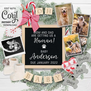 Carte numérique d'annonce de grossesse pour chien de Noël, faire-part de bébé sur le thème de chien, date d'échéance révélée, modèle #131 modifiable pour papa et maman