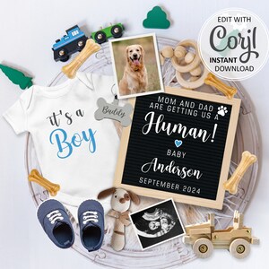 Anuncio de bebé de perro Embarazo digital Anuncio de bebé niño, es un niño Revelación de género Plantilla social, Mamá y papá me van a conseguir un humano #1003
