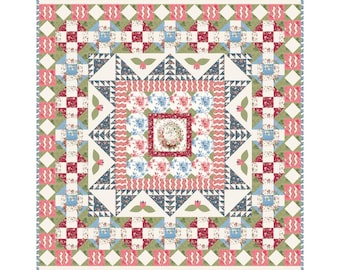 May include: A patchwork quilt with a floral design. The quilt features a central square with a floral wreath, surrounded by squares, triangles, and circles in shades of red, blue, green, and cream. The border has floral patterns.