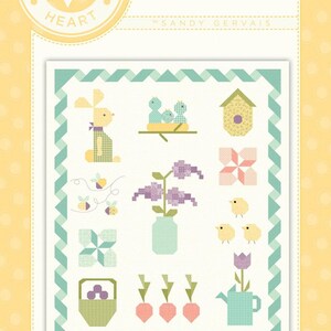 May include: A quilt pattern featuring a spring sampler with a bunny, birds, flowers, a birdhouse, a watering can, and a basket of berries. The pattern is titled "Spring Sampler" and is by Sandy Gervais. The pattern number is #748.