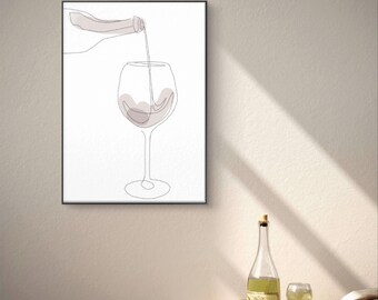 Modern Wine Line Art Print, Kitchen Bar Decor