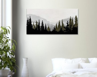 Mountain Forest Canvas Print, Green Pine Tree Landscape, Abstract Nature Artwork