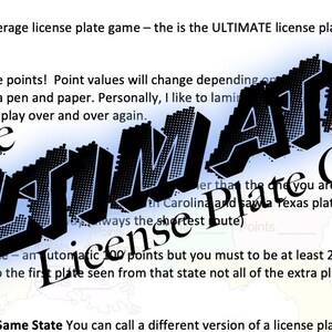 Puede incluir: Un fondo blanco con texto que describe "The Ultimate License Plate Game". El t&iacute;tulo del juego se muestra de forma destacada en una fuente 3D estilizada. Tambi&eacute;n se incluyen instrucciones y valores de puntos.