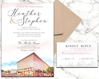 Charleston, invitación de boda de Carolina del Sur & RVSP, invitación de acuarela, la casa de los molinos, Charleston invitar, boda