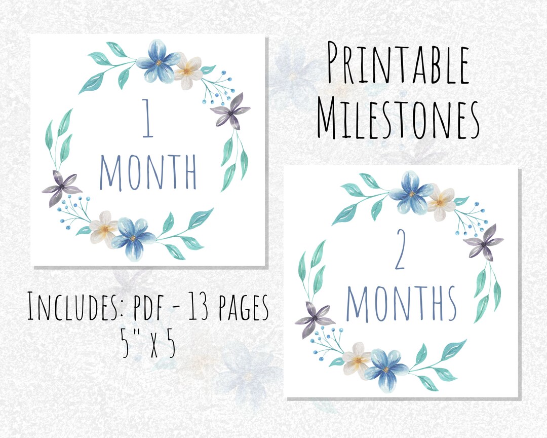 Printable Baby Milestones - Printable Milestones - Printable Milestone Cards - Blue Floral ...