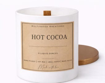 Vela de cera de soja con aroma a cacao caliente / Mecha de madera, hecha a mano