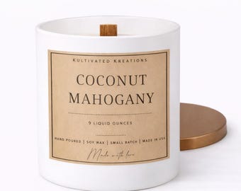 Vela de cera de soja con aroma a coco y caoba / Mecha de madera, hecha a mano