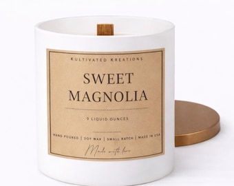 Sweet Magnolia Scented Candle | Handmade Soy Wax, Wooden Wick
