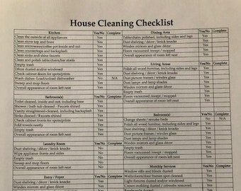 May include: A printable house cleaning checklist with sections for kitchen, dining area, living areas, bathrooms, bedrooms, laundry room, entry/foyer, monthly services, additional services, and additional areas/notes. Each section has a list of cleaning tasks with yes/no checkboxes for completion.