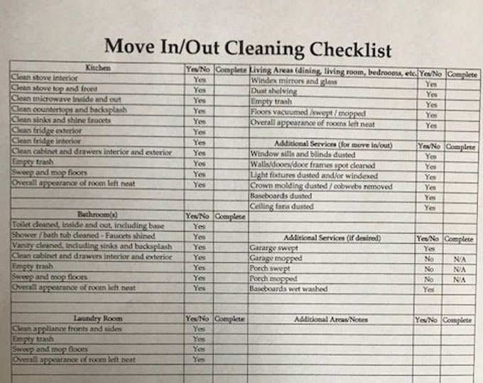 Cleaning Business Form Move In/out Checklist - Etsy