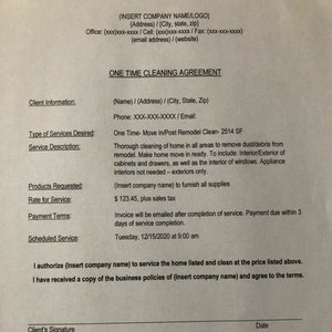 Cleaning Business Form - One Time Cleaning Agreement
