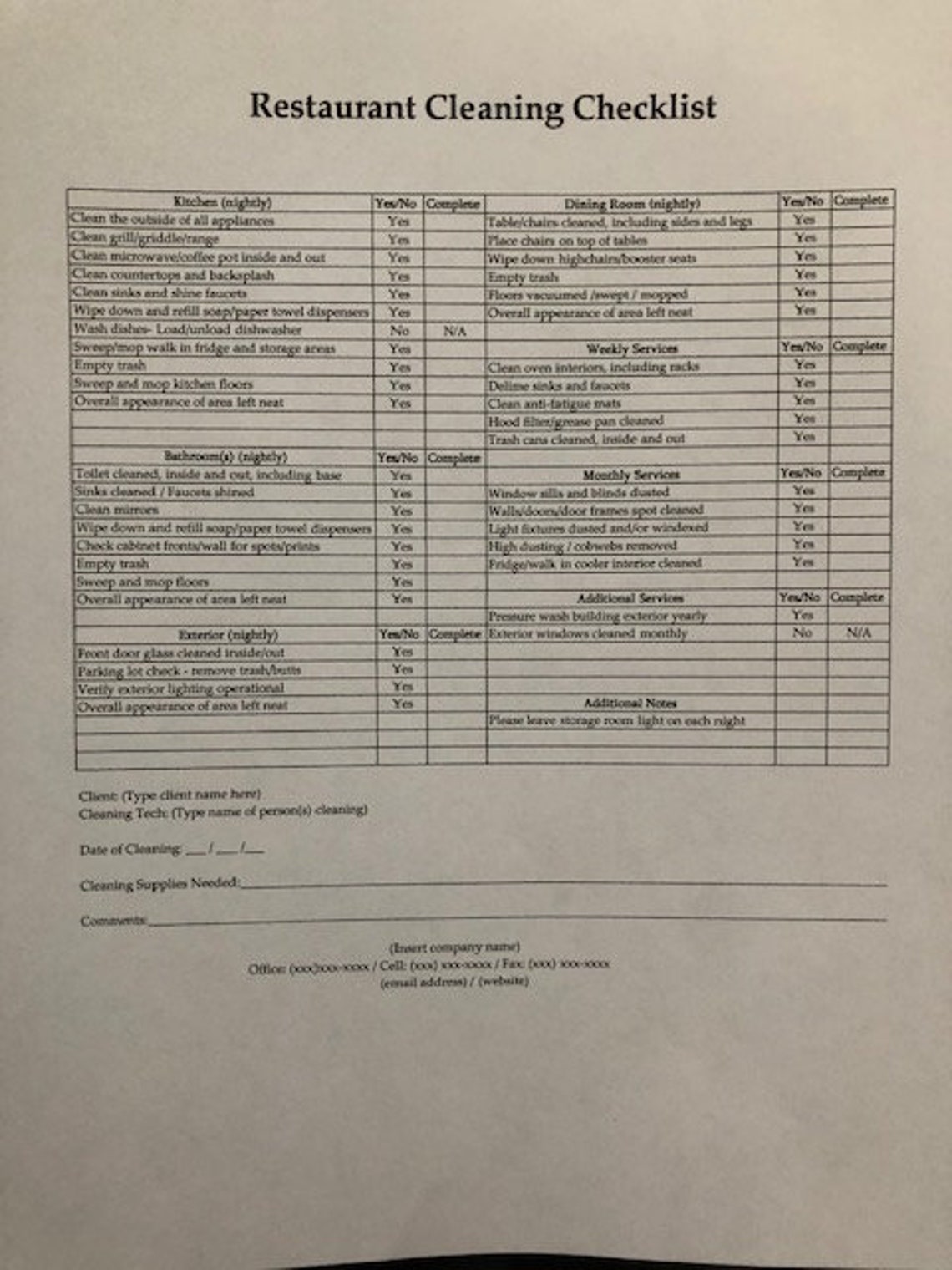 Cleaning Business Form Restaurant Cleaning Checklist Etsy