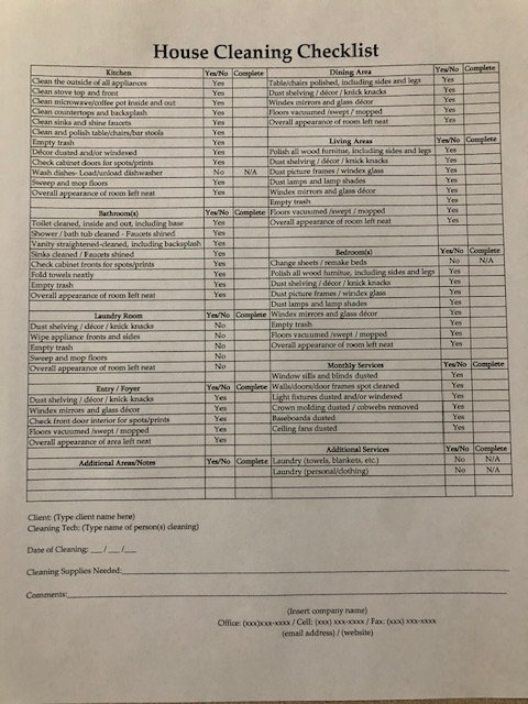 Cleaning Business Form - Housecleaning Checklist