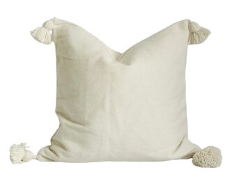 EIRA Pillow - Pure Cotton - White - Handmade - Moroccan - Pom-Pom -2 Sizes Available -Cushion Cover