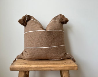 WILMA Pillow - Moroccan Cotton Pom-Pom Pillow Cover - Pure Cotton - Copper - Brown - Striped - Throw Pillow