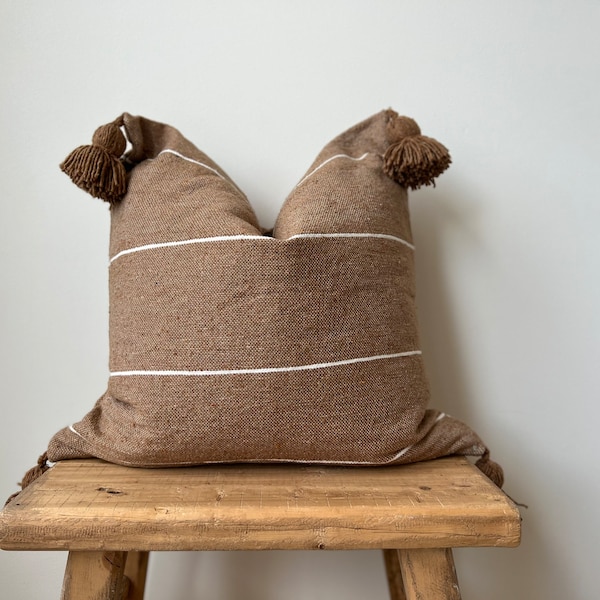 WILMA Pillow - Moroccan Cotton Pom-Pom Pillow Cover - Pure Cotton - Copper - Brown - Striped - Throw Pillow