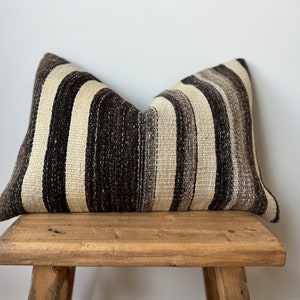 GULIZAR II  Pillow - Turkish Kilim Pillow Cover - Lumbar - 16x24 - Vintage - Oushak  - Antique - Warm - Neutrals- Striped - Rug Pillow