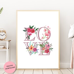 Póster de amor / Cartas con rosas en acuarela / Póster imprimible digitalmente al instante / Arte de pared para habitación de niños / Día de San Valentín / Día de la Madre