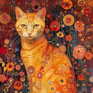 May include: A vibrant orange tabby cat sits amidst a colorful floral background. The cat's fur is painted with a variety of flowers and leaves, creating a whimsical and artistic effect.