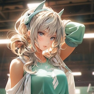 4 images of Royalty Free Anime girl in the Gym AI Art commercial use, 60x38cm high res. 300dpi JPG digital files, anime cartoon, wall art