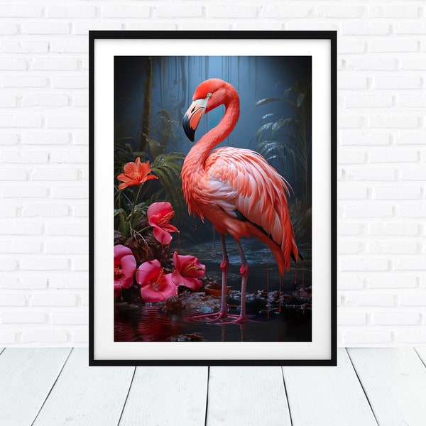 Royalty Free image, Pink Flamingo in Tropics painting, Contemporary Midjourney AI Art Animals, 40x60cm 300dpi high res. JPG, Trending art