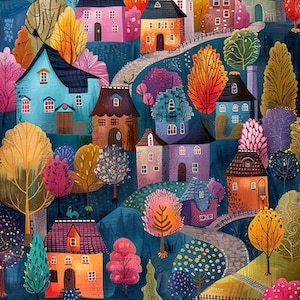 May include: A whimsical illustration of a colorful village nestled among lush trees. The houses are painted in bright hues of blue, pink, purple, and green, with intricate details and whimsical chimneys. The winding path leading through the village is lined with vibrant foliage, creating a charming and enchanting scene.